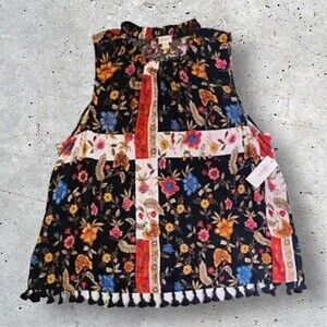 STYLE & CO Womens Top Floral Tasseled Hem Ruffle Neck Blouse Medium NEW NWT